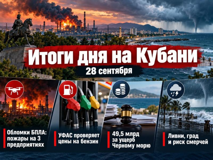 Обломки БПЛА подожгли три предприятия, УФАС взялось за бензин, а за мазут насчитали 49,5 млрд: итоги 28 сентября на Кубани